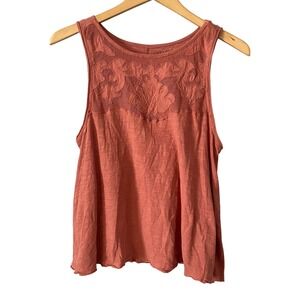 Shyanne Women Sz Sm Terracotta Cotton Embroidered Mesh Yoke Tank Top Distressed